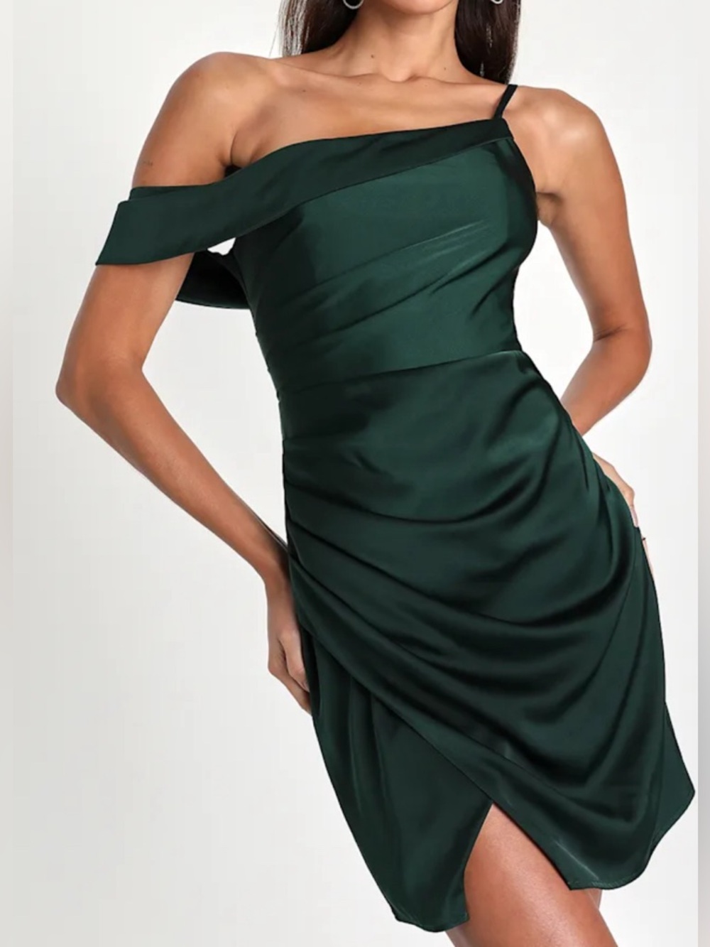 NWT Lulus Magnificent Magic Emerald Green Satin Asymmetrical Mini Dress Small